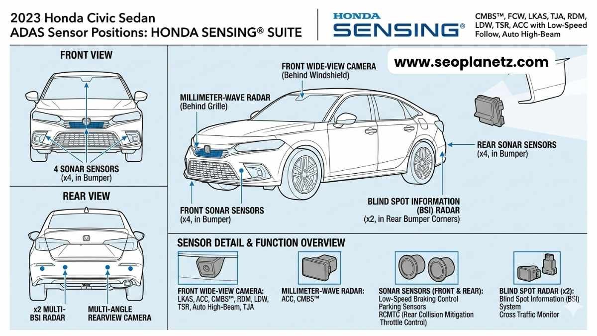 Honda Civic Honda Sensing ADAS safety system sensor placement diagram 2023