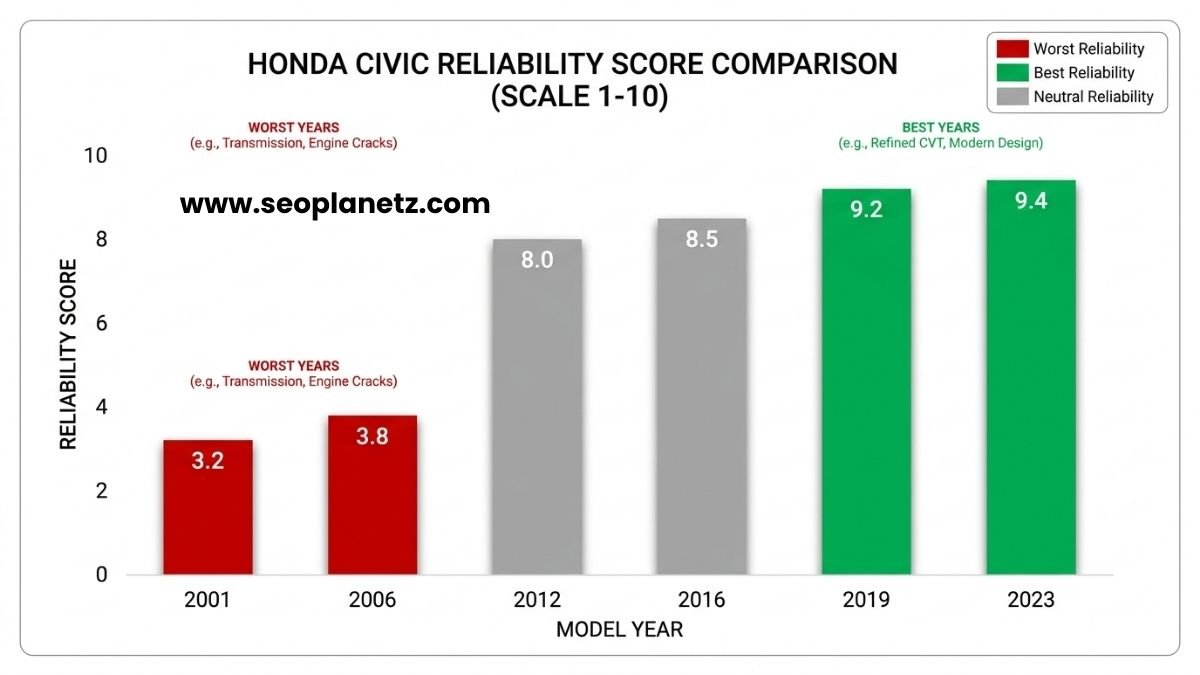 Honda Civic reliability score comparison by year 2001 to 2023