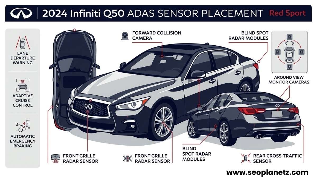 Infiniti Q50 Nissan ADAS safety sensor placement infographic 2024