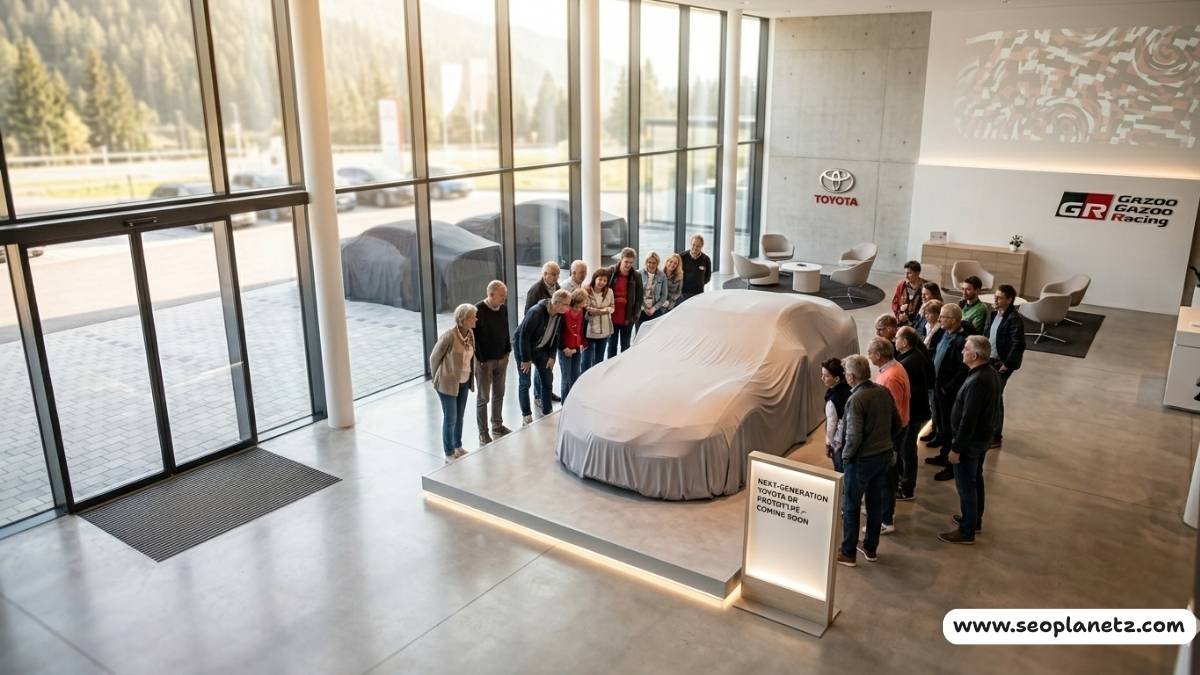 Modern Toyota dealership interior in daylight with covered car on display platform