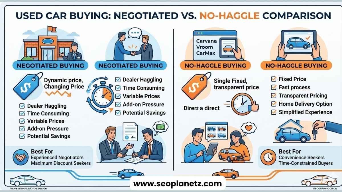 Negotiated vs no-haggle used car buying comparison infographic 2026