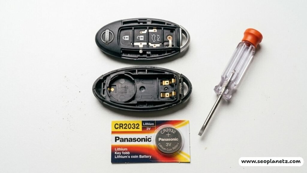 Nissan key fob battery replacement showing CR2032 coin cell