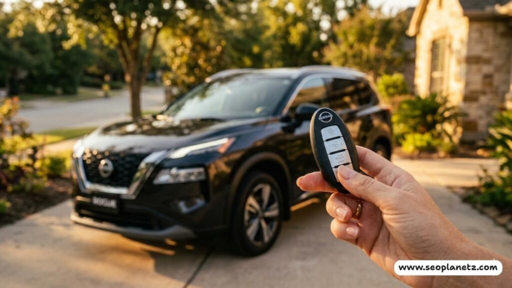 Nissan key fob held in hand with 2026