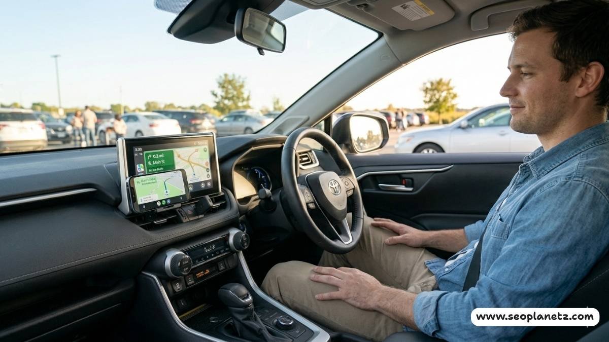 Person using wireless Android Auto navigation hands-free on car dashboard