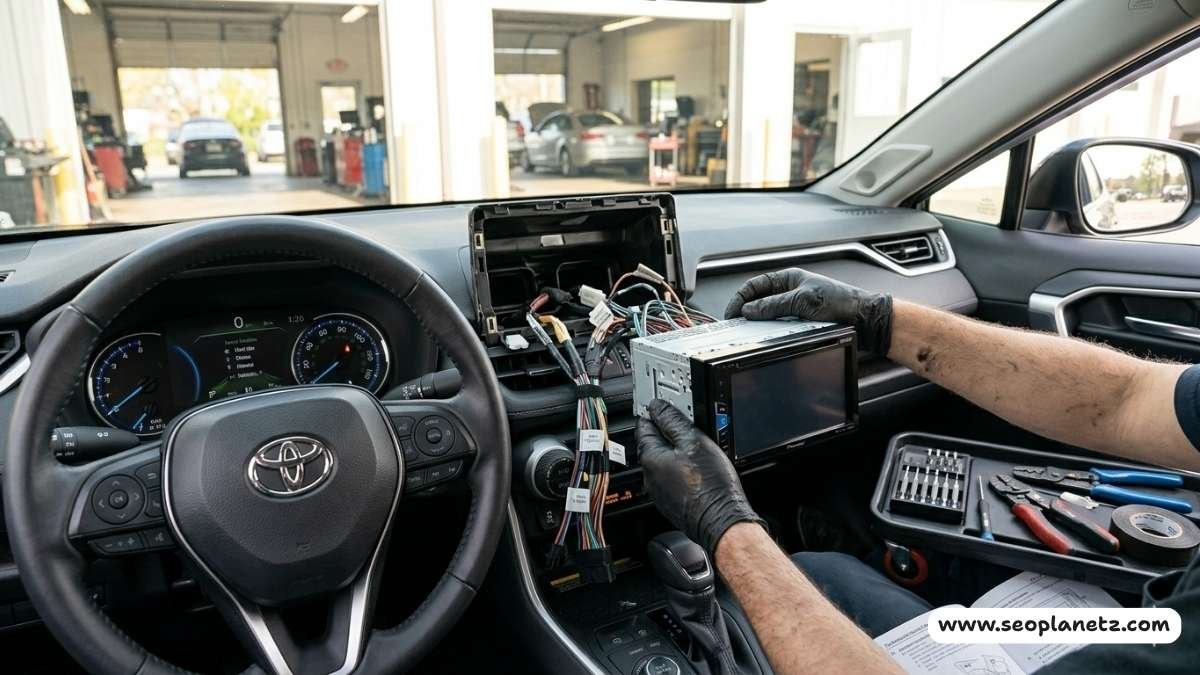 Mechanic installing Pioneer wireless CarPlay head unit into car dashboard