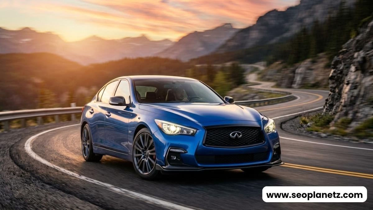 Q50 Nissan Infiniti Q50 Red Sport 400 hero shot on mountain road 2024
