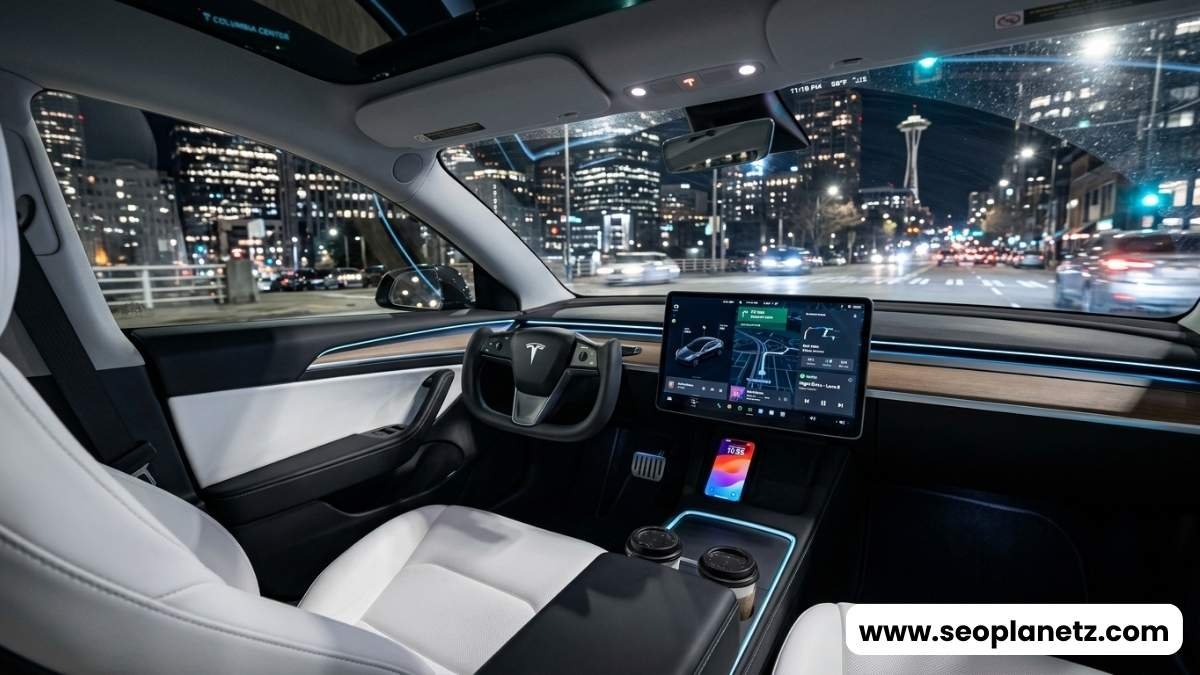 Tesla Model 3 interior dashboard and infotainment system showing EV battery status