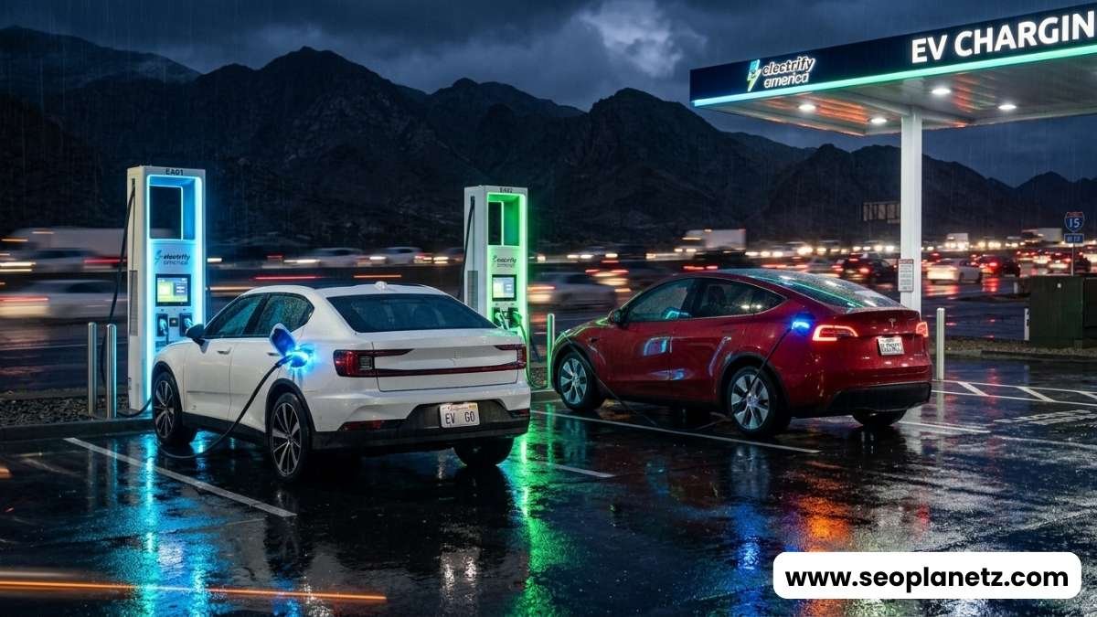 Tesla Model Y and Polestar 2 charging side-by-side at night