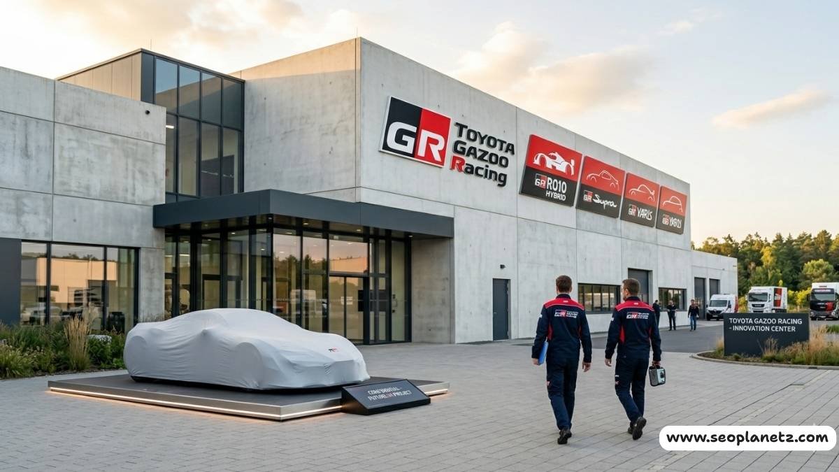 Toyota Gazoo Racing facility exterior with GR branding in bright morning daylight