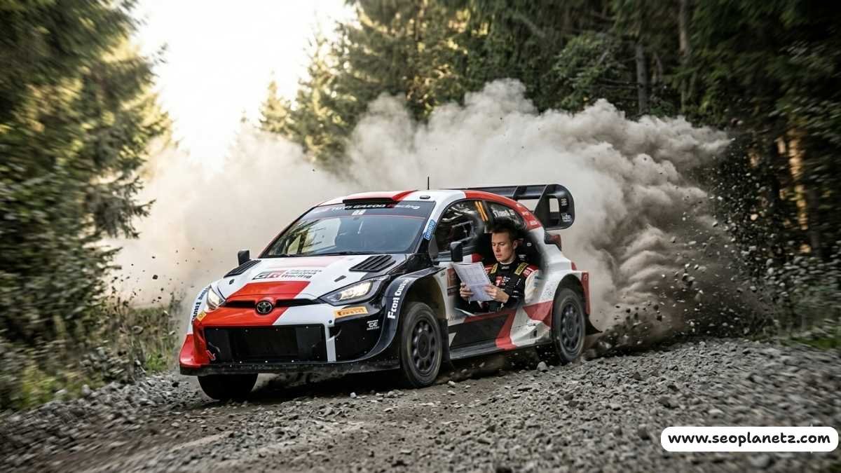 Toyota Gazoo Racing rally car attacking gravel WRC stage in bright daylight with dust cloud