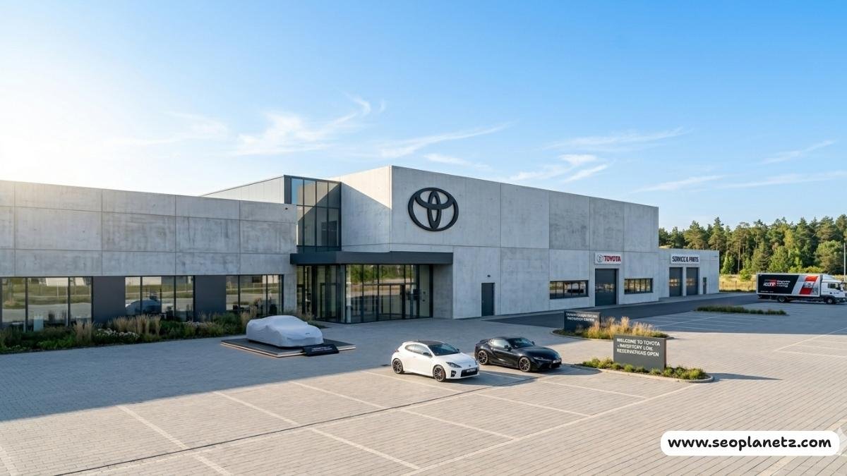 Toyota dealership exterior with empty parking lot and low RAV4 inventory in morning daylight