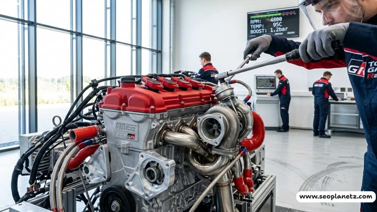 Turbocharged 2.0-liter G20E engine on test stand in naturally lit workshop