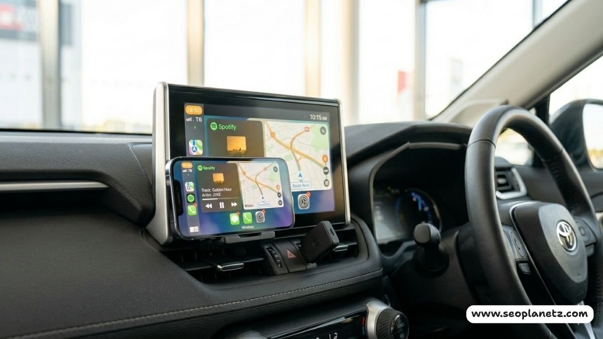 Wireless CarPlay Android Auto adapter dongle plugged into car USB port