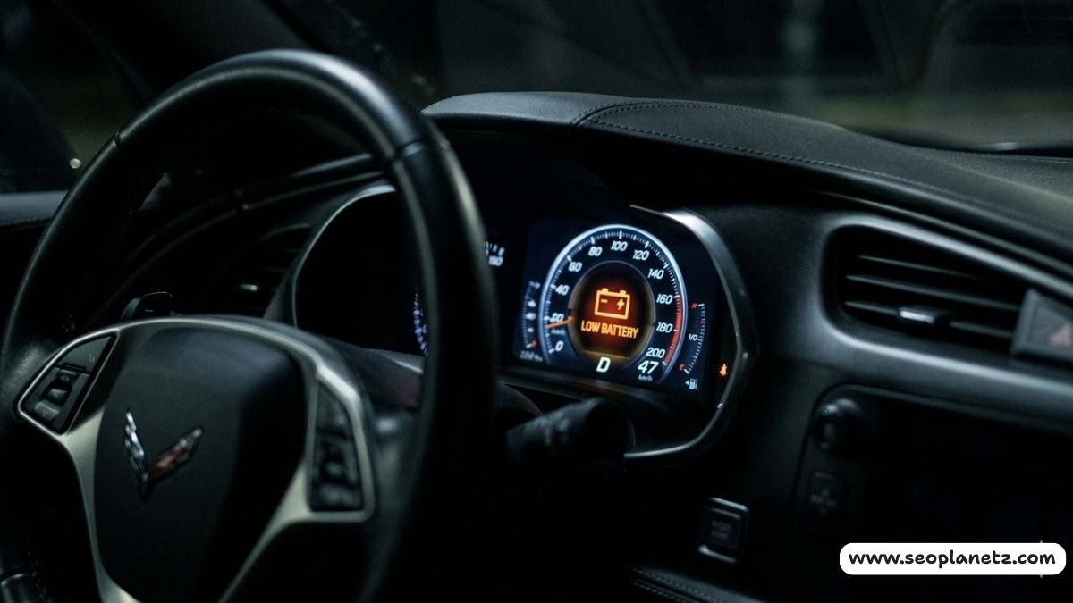 older-generation small electric car with a low battery warning symbol on its dashboard display