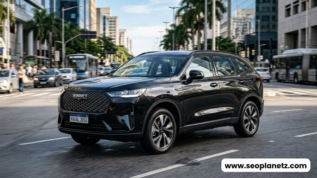 2026 Haval H6 PHEV in Obsidian Black exterior side front angle on urban road