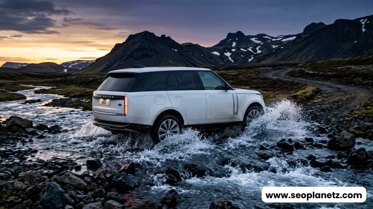 2027 Range Rover Electric BEV in Fuji White on extreme off-road terrain