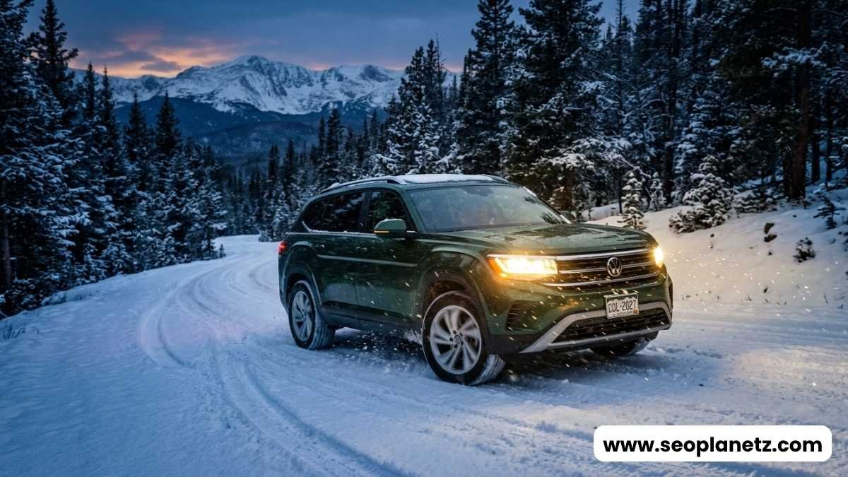 2027 Volkswagen Atlas 4MOTION AWD driving in snow-covered terrain