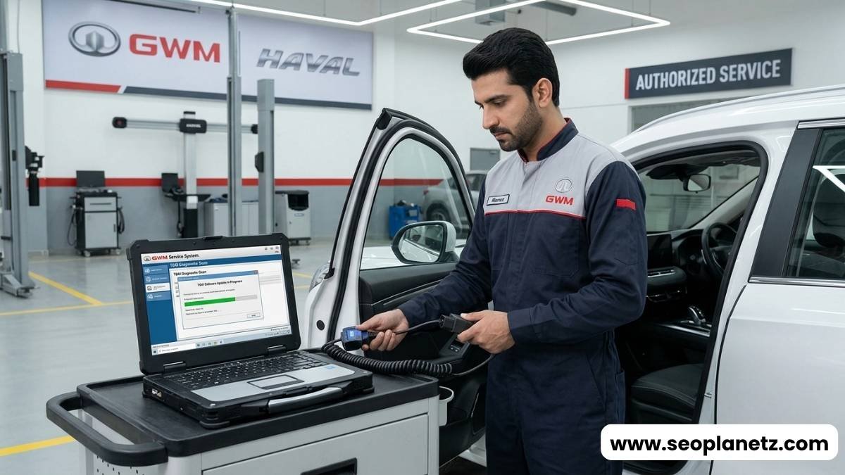 Authorized GWM technician performing TCM software update on Haval Jolion gearbox