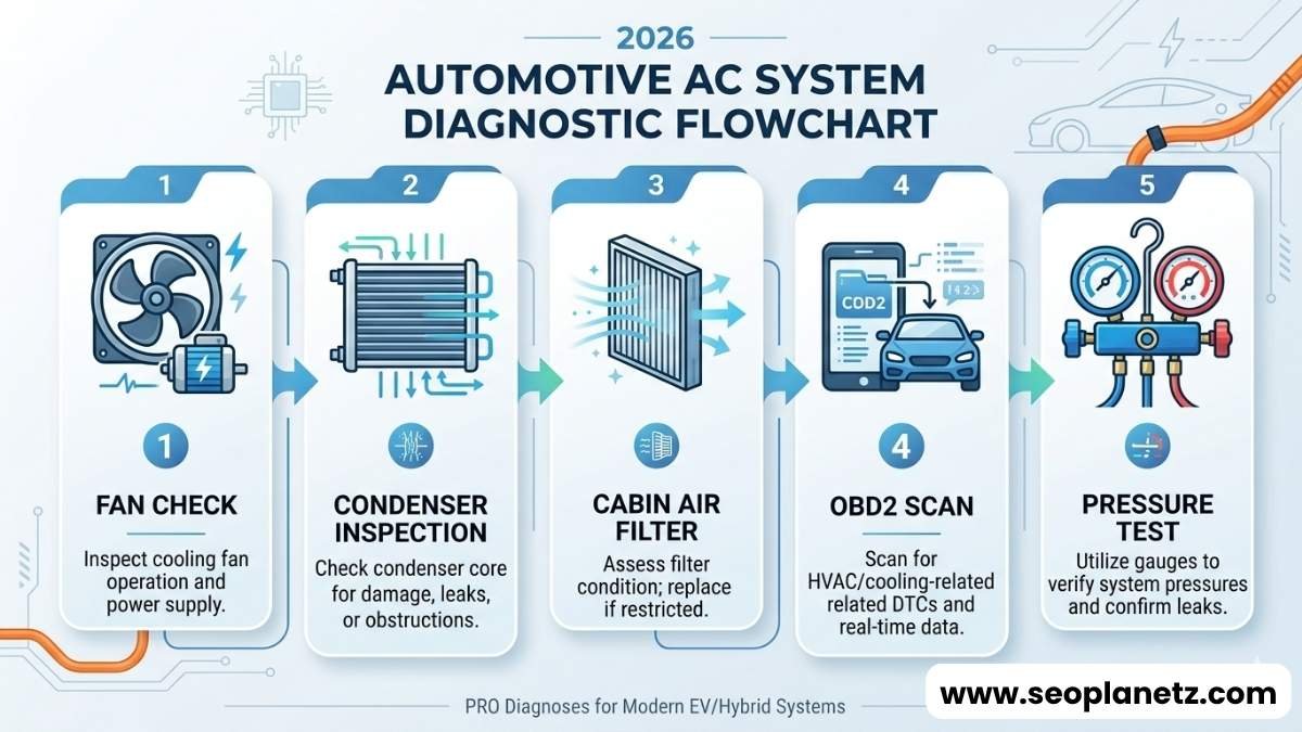 Car AC warm air at idle diagnosis flowchart 2026
