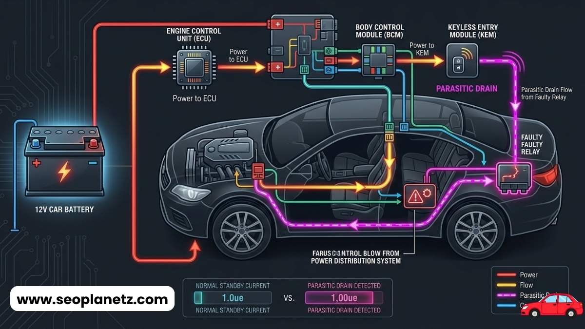 car electrical system diagram showing parasitic drain paths
