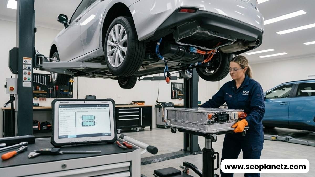 mechanic replacing hybrid battery pack in workshop