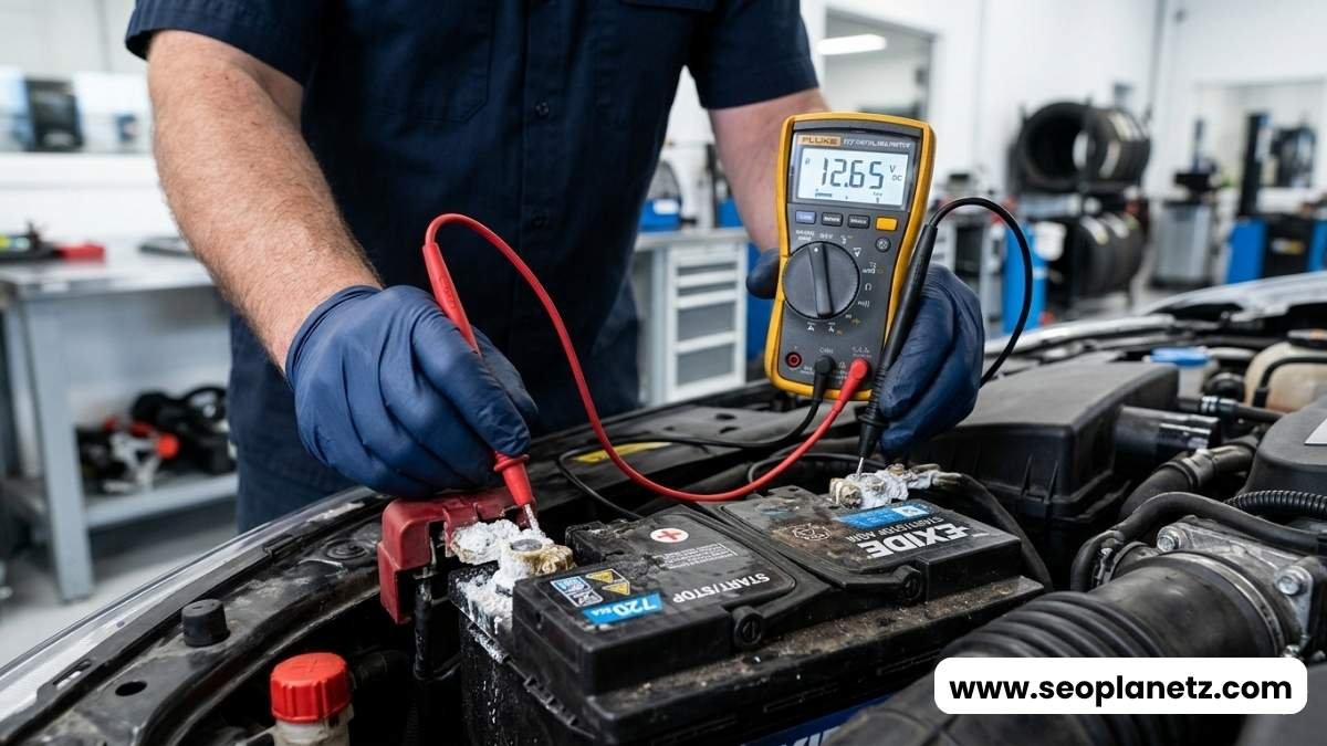 mechanic using multimeter to test car battery overnight drain