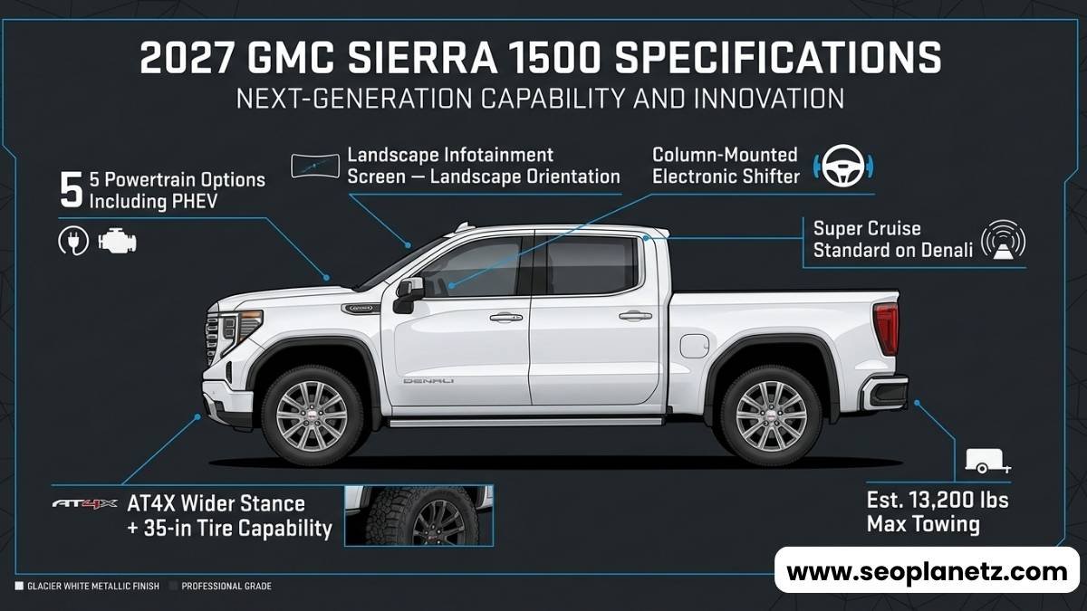 2027 GMC Sierra 1500 full specs infographic powertrain towing technology