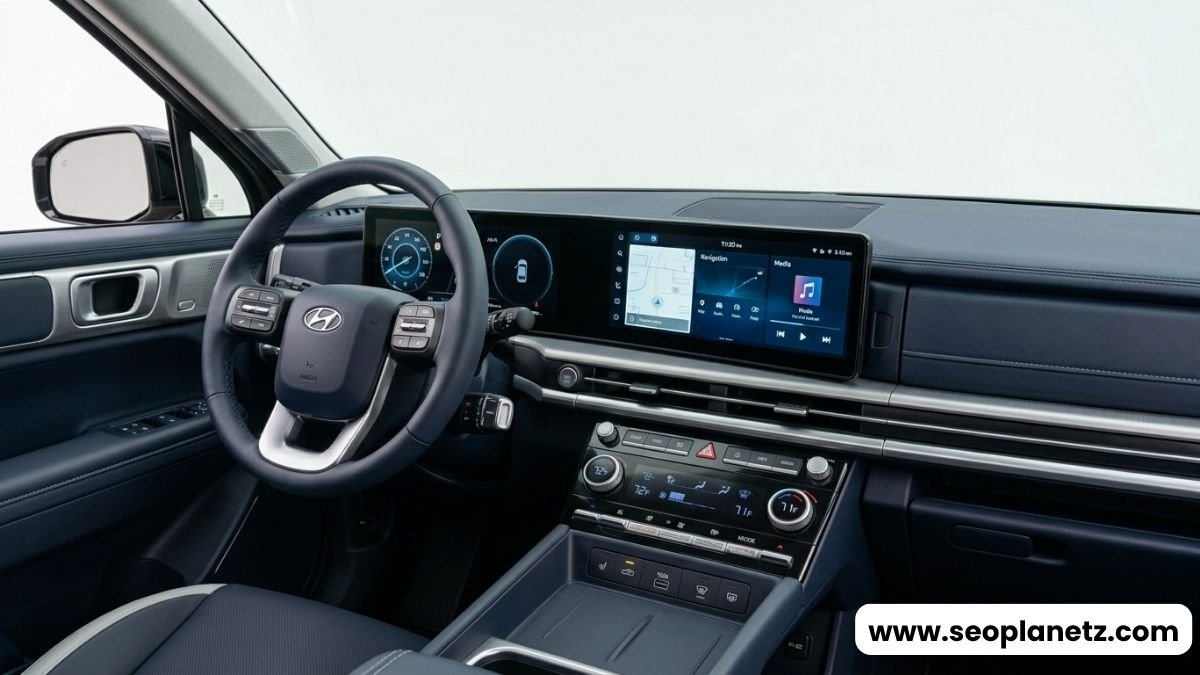 2027 Hyundai Santa Fe interior dashboard with 17-inch PLEOS